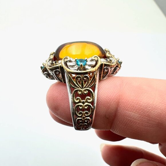 Michael Valitutti Ring Blue Gemstone Amber Sterling Silver Gold Size 6 - Picture 3 of 4